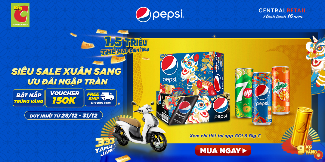 [ÁP DỤNG MUA ONLINE TẠI APP GO! & BIG C] MÙA ƯU ĐÃI RỰC RỠ KÉO THEO HÀNG TRĂM VOUCHER & QUÀ KHỦNG TỪ NHÀ PEPSI