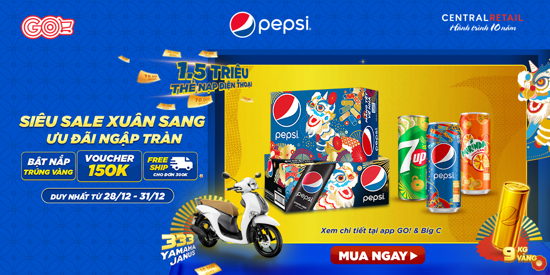 [ÁP DỤNG MUA ONLINE TẠI APP GO! & BIG C] MÙA ƯU ĐÃI RỰC RỠ KÉO THEO HÀNG TRĂM VOUCHER & QUÀ KHỦNG TỪ NHÀ PEPSI