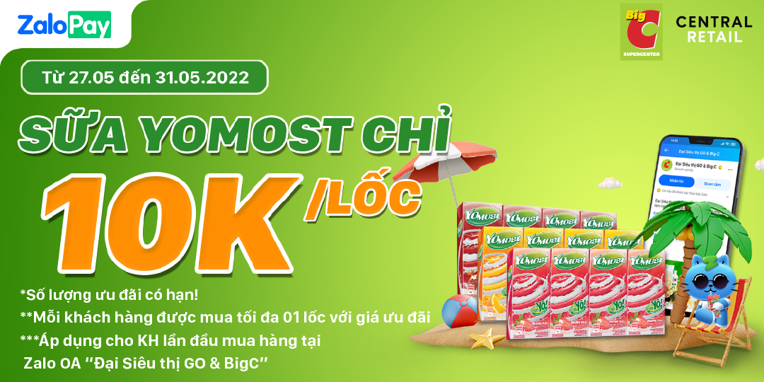 BIG C TẶNG BẠN CHIẾC DEAL YOMOST ĐỘC QUYỀN CHỈ 10K/LỐC KHI THANH TOÁN TRÊN ZALOPAY